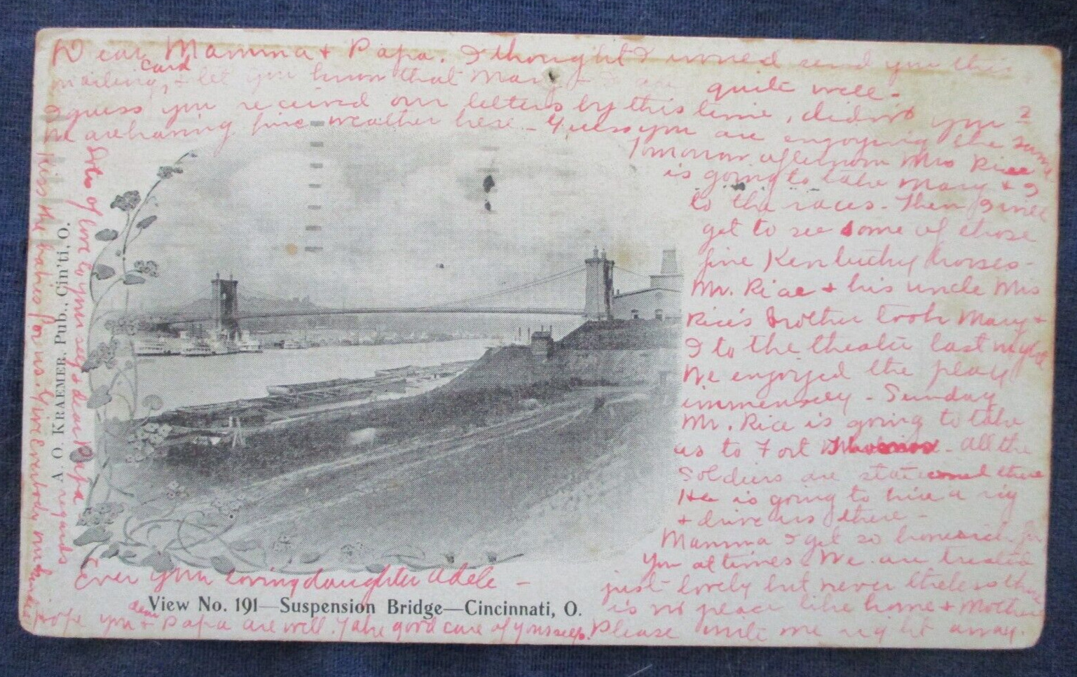1901 Cincinnati Ohio Suspension Bridge Postcard & Cancel