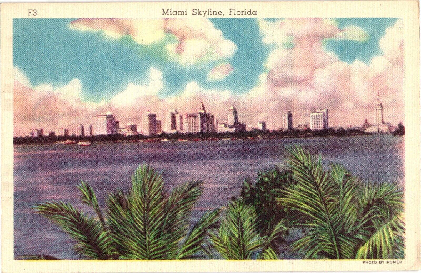 Miami Skyline Florida Linen Unposted Postcard 1930s