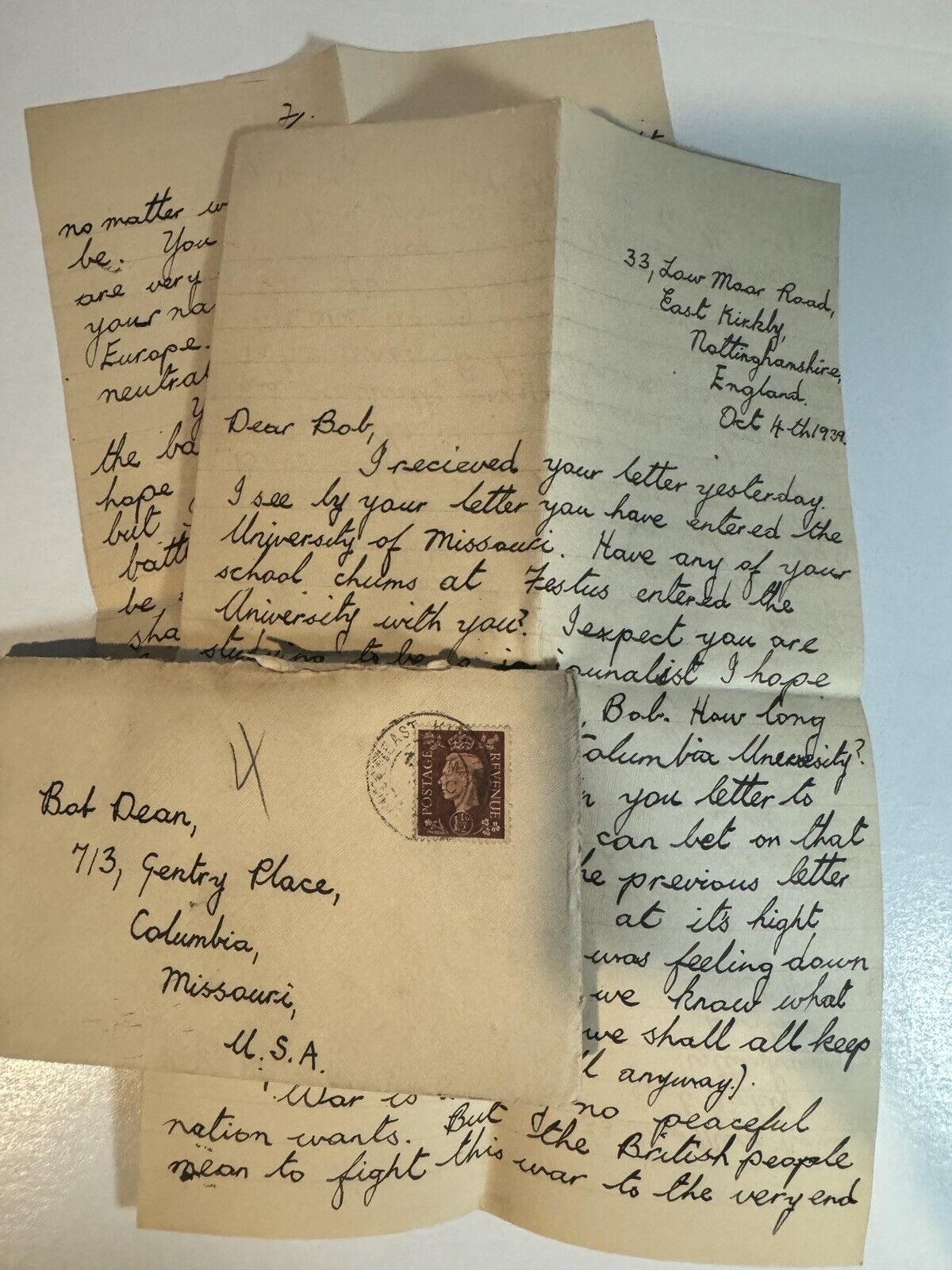 1939 Letter Nottinghamshire England Festus MO Handwritten Penpals Young Men