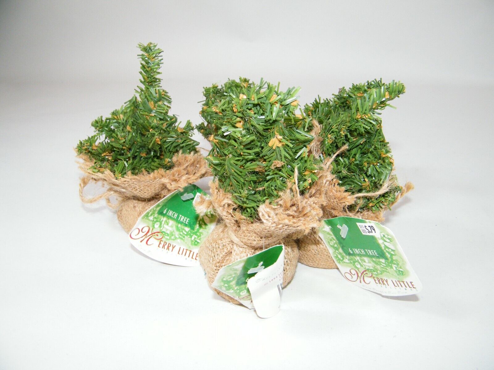 (5) MINIATURE CHRISTMAS TREES WITH BURLAP BASES 6\