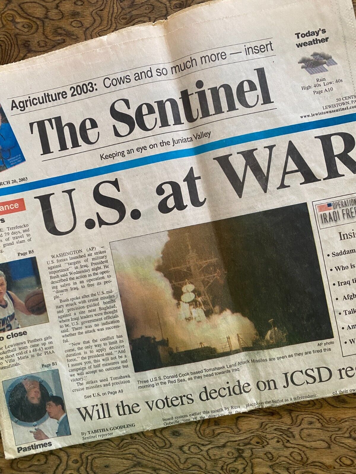 US Invades Iraq War Front Page The Sentinel Juniata PA March 2003 Newspaper