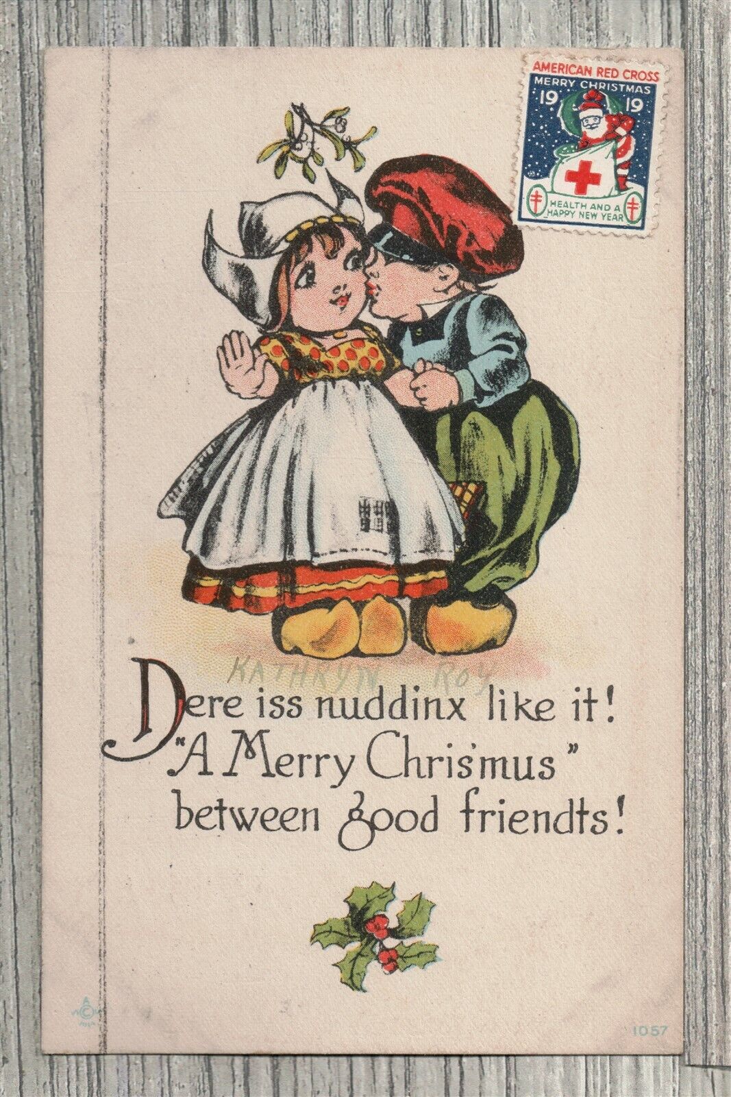 1919 Christmas Postcard-Boy Kissing Girl-Dutch Outfits-Wooden Shoes