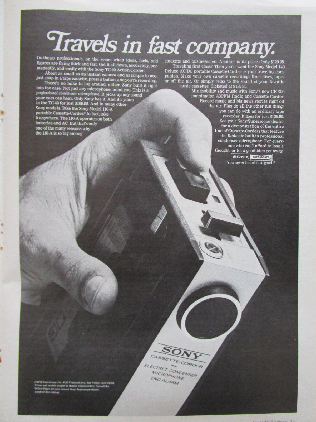 5/1972 PUB SONY MODEL 140 DELUXE AC/DC PORTABLE CASSETTE CORD ORIGINAL AD