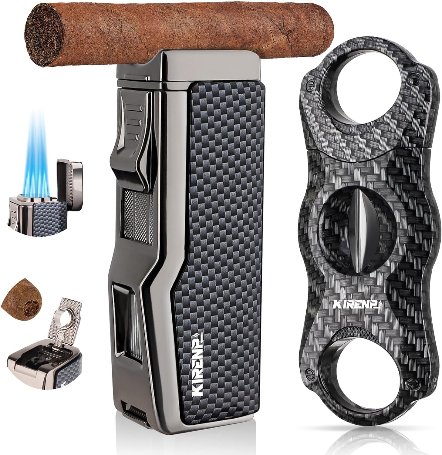 All-In-One Cigar Lighter with V Cigar Cutter Built-In Cigar Punch Holder Torch