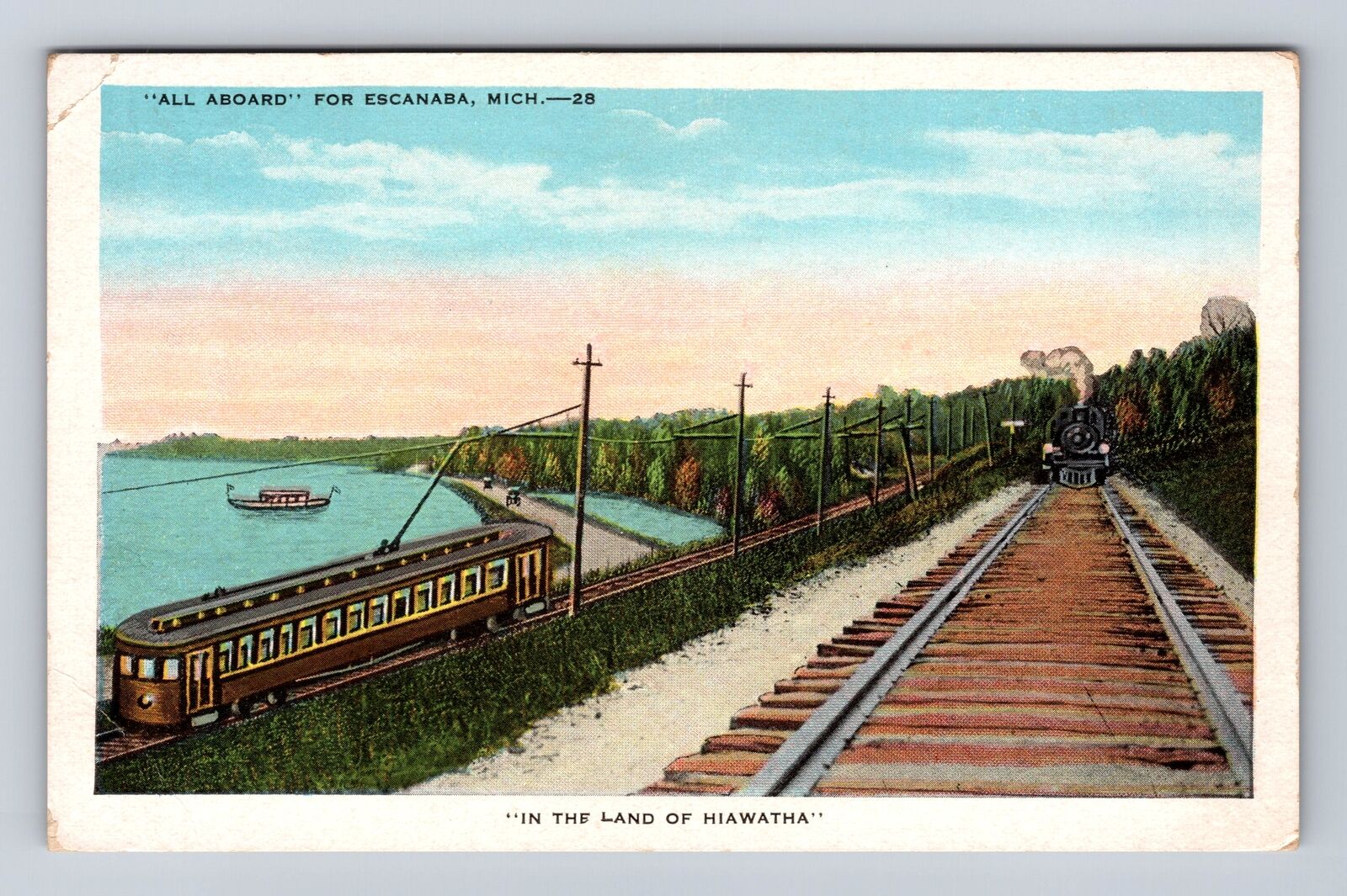 Escanaba MI- Michigan, All Aboard, Train Tracks, Antique, Vintage Postcard