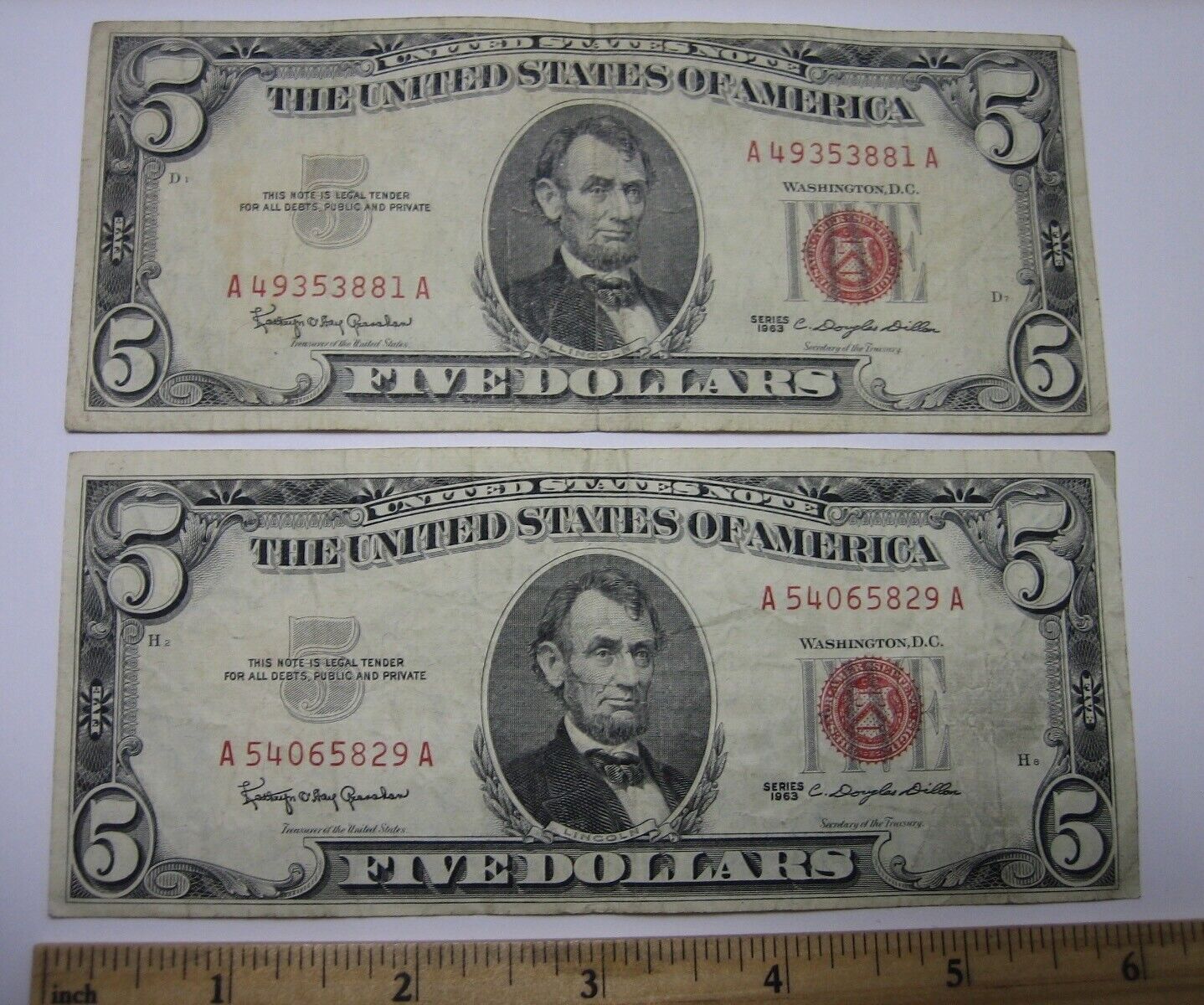 2pc SERIES 1963 NOTES ~ RED SEAL $5 FIVE DOLLAR FRN BILL NOTE ~ VG CIRCULATED *2