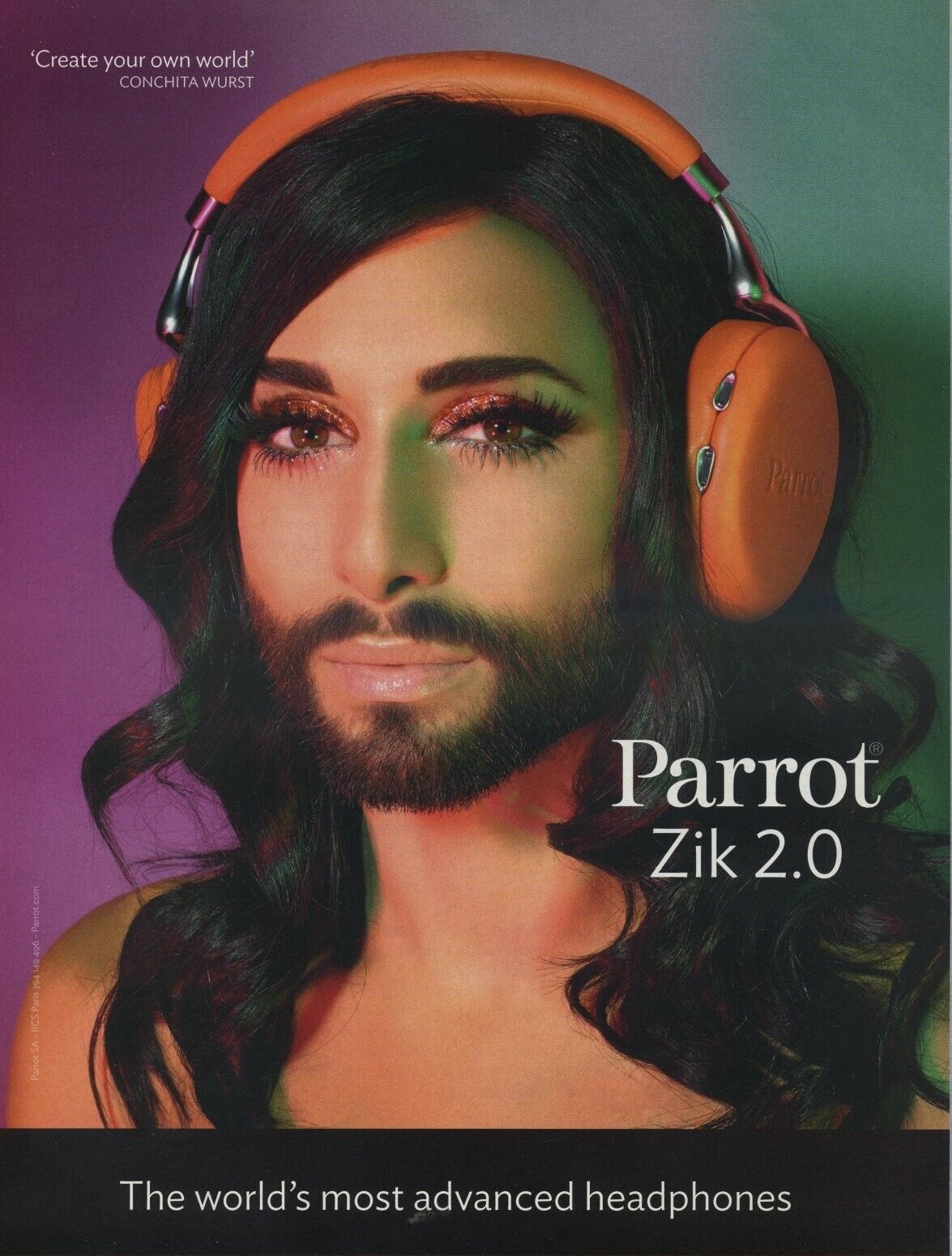 2014 Vintage Magazine Page Ad Drag Queen Conchita Wurst for Parrot Headphones