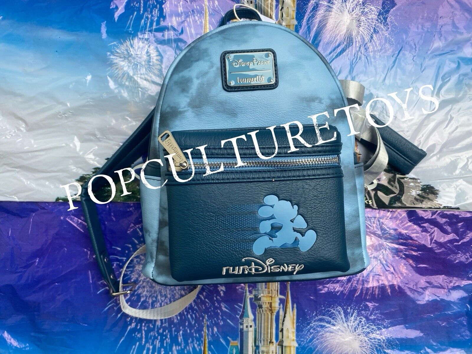Disney Parks Run RunDisney Mickey Mouse Blue Tie Dye Loungefly Backpack Bag New