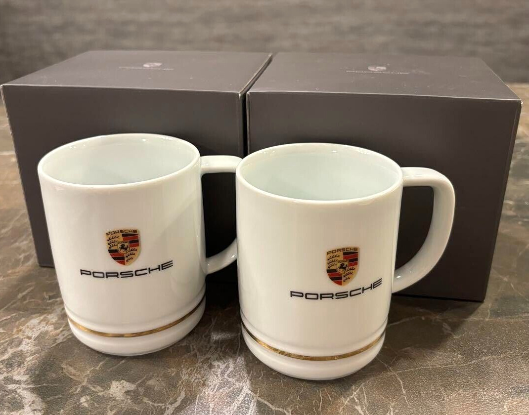 PORSCHE Novelty KAHLA White/Gold Pottery Logo Pair Coffee Mug cup wz/Box Rare