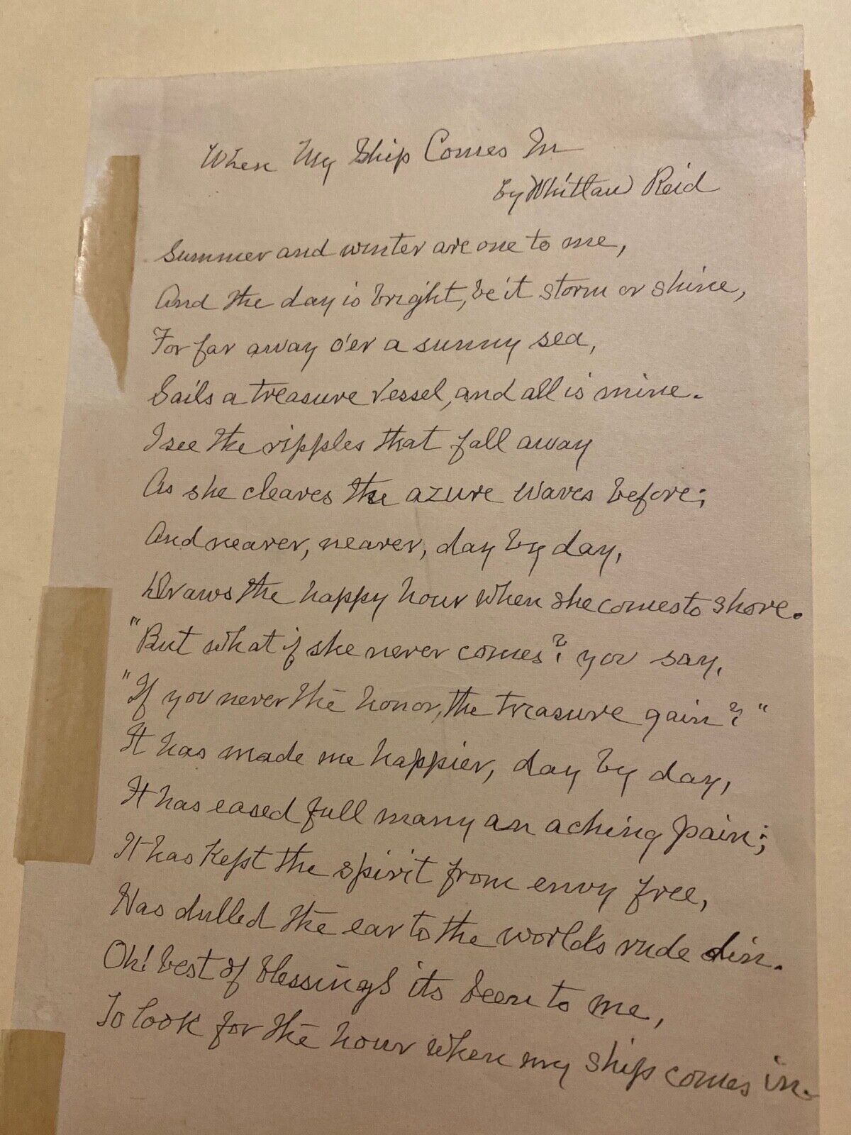 WHITELAW REID MANUSCRIPT POEM  An original vintage manuscript poem 