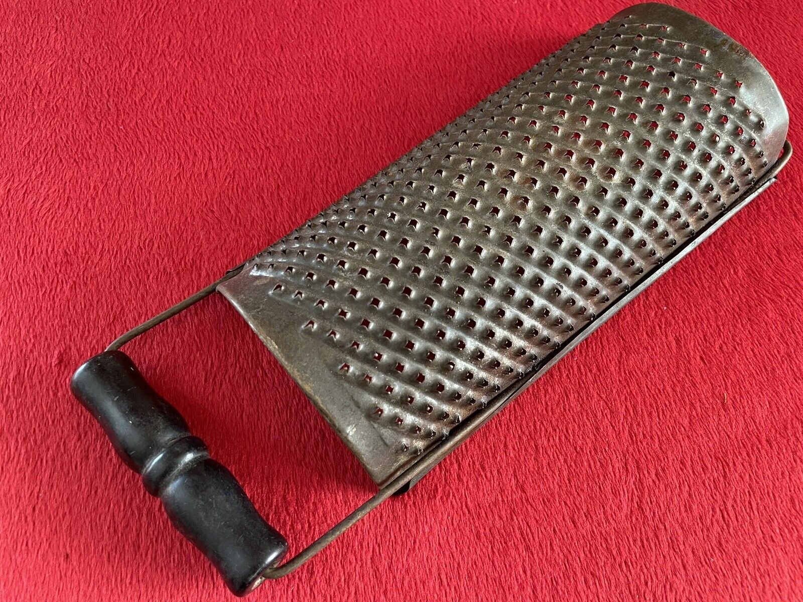 Antique Punched Tin Half Round Grater Old Primitive Kitchen Tool Wooden Handle