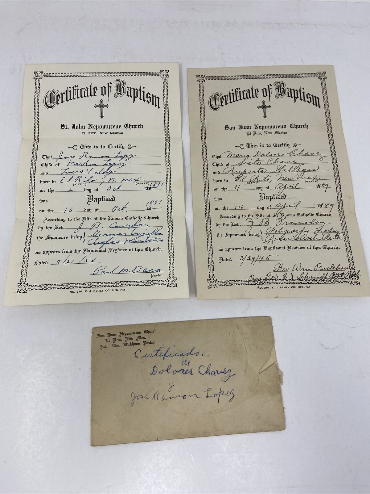 2 Vintage Certificate of Baptism w/ Church SealEl Rito New Mexico Born 1880's