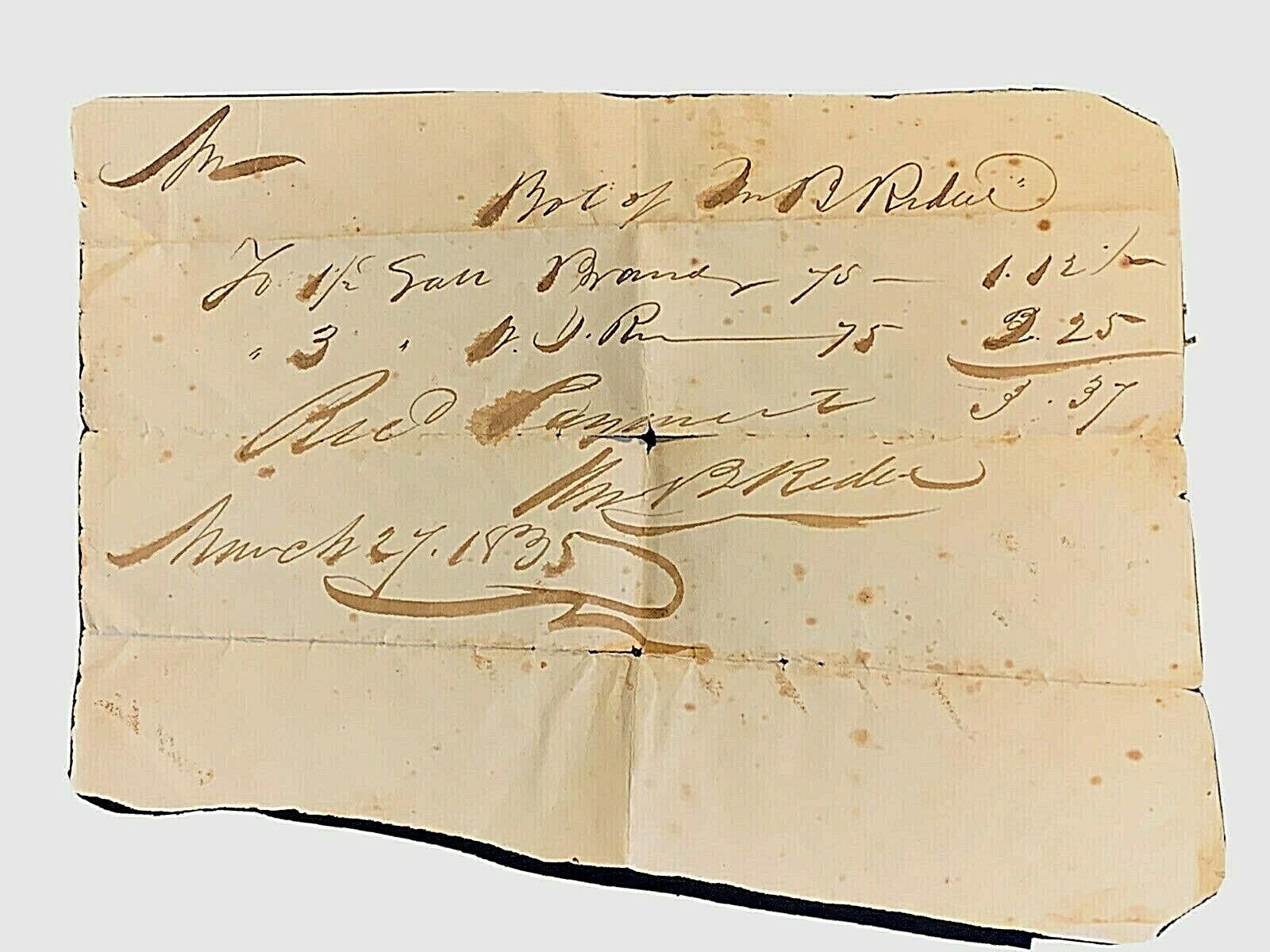 Original 1835 handwritten receipt dated March 27 approx. 5 1/2\