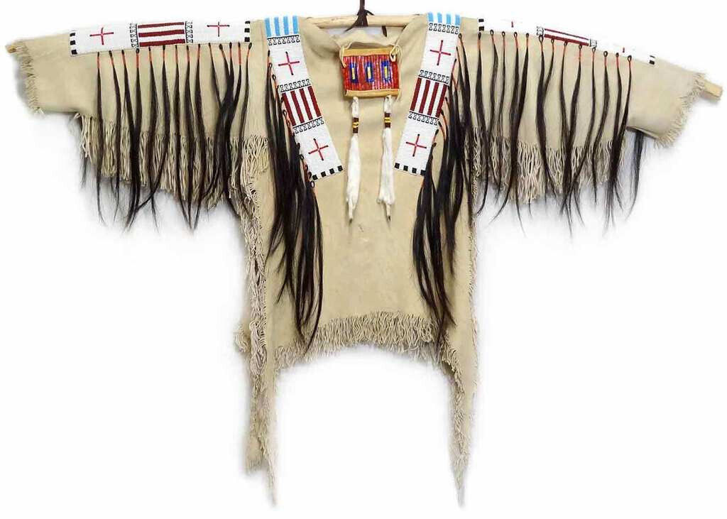 Old American Handmade Beige Buckskin Suede Beaded Powwow Regalia War Shirt  NW18