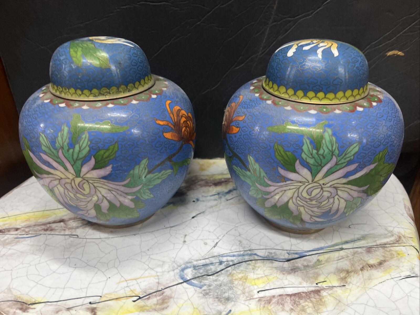 vintage pair chinese cloisonne floral ginger jar Urns wirh lids 
