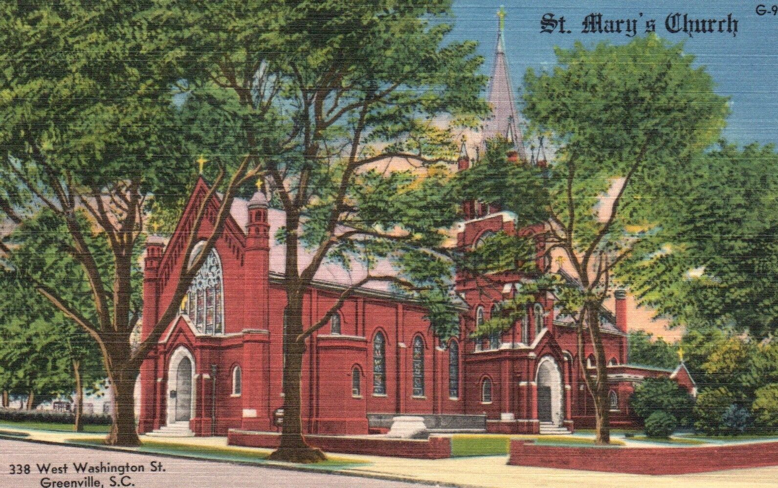 Postcard SC Greenville St Marys Church West Washington St Linen Vintage PC f8420
