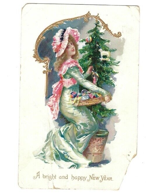 c1909 A Bright Happy New Year Christmas Girl Tree Ornaments Tuck Sons Postcard