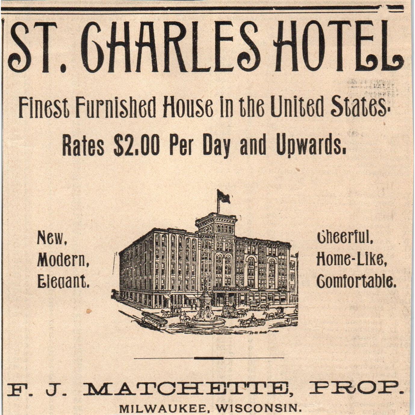 St. Charles Hotel F.J. Matchette Milwaukee 1898 Newspaper Clip AF7-E12
