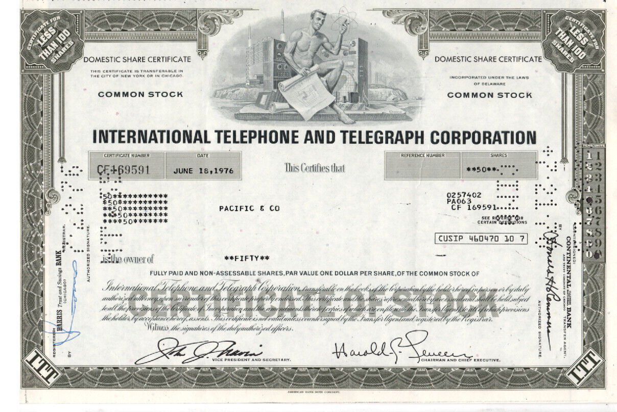 International Telephone-Telegraph - Original Stock Certificate -1976 - CF169591