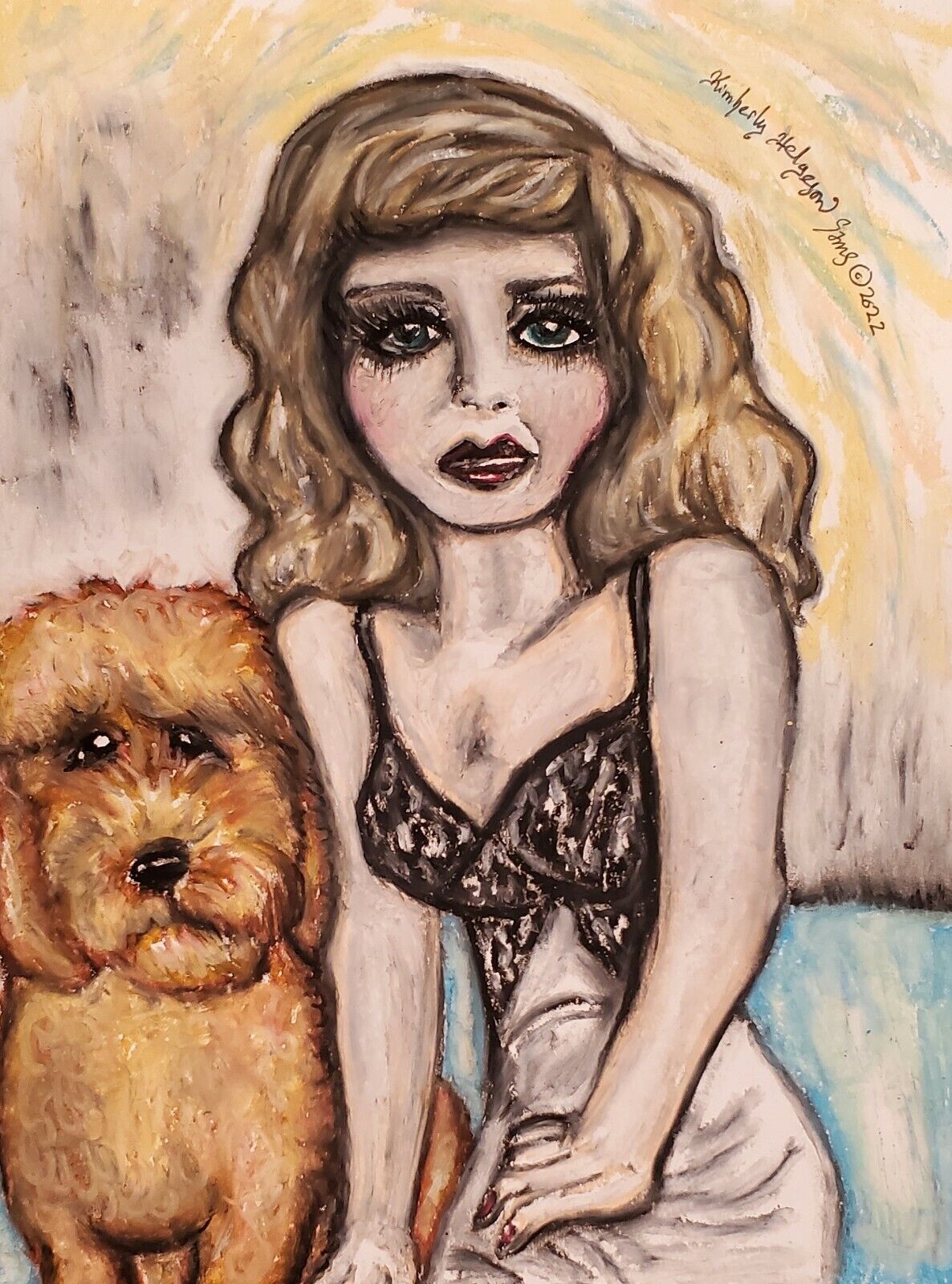 Woman and Goldendoodle Original Pastel Painting 9x12 Vintage Style Dog Art 2022