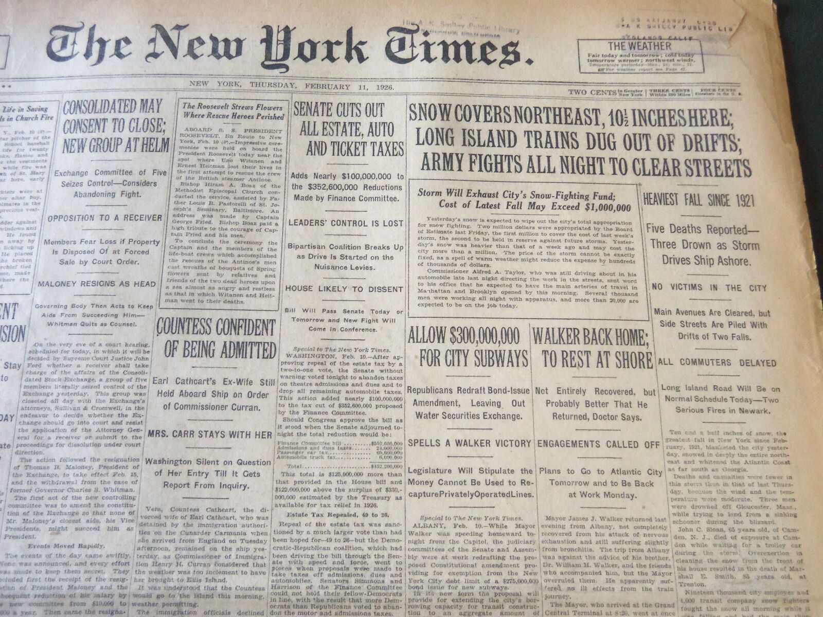 1926 FEB 11 NEW YORK TIMES - SNOW COVERS NORTHEAST 10 1/2 INCHES HERE - NT 6606