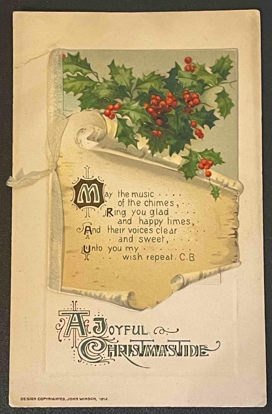 1912 JOHN WINSCH MECHANICAL CHRISTMAS GREETING POSTCARD EMBOSSED HOLLY POEM