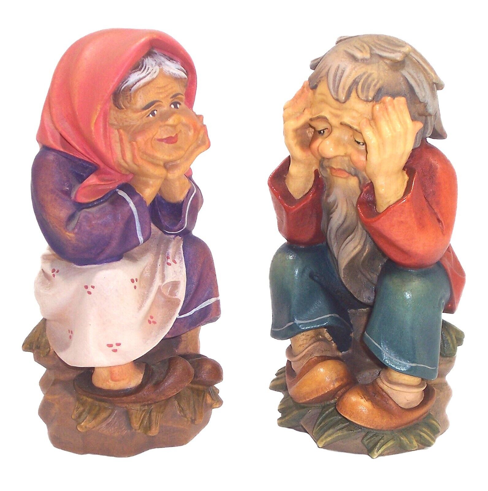 Pair of Hand Carved Figurines, Old Married Couple, Oberammergau, 5.75” Tall