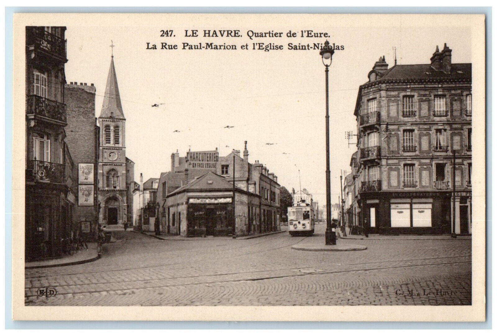 c1920\'s Paul-Marion Street & Church St. Nicolas Le Havre France Postcard