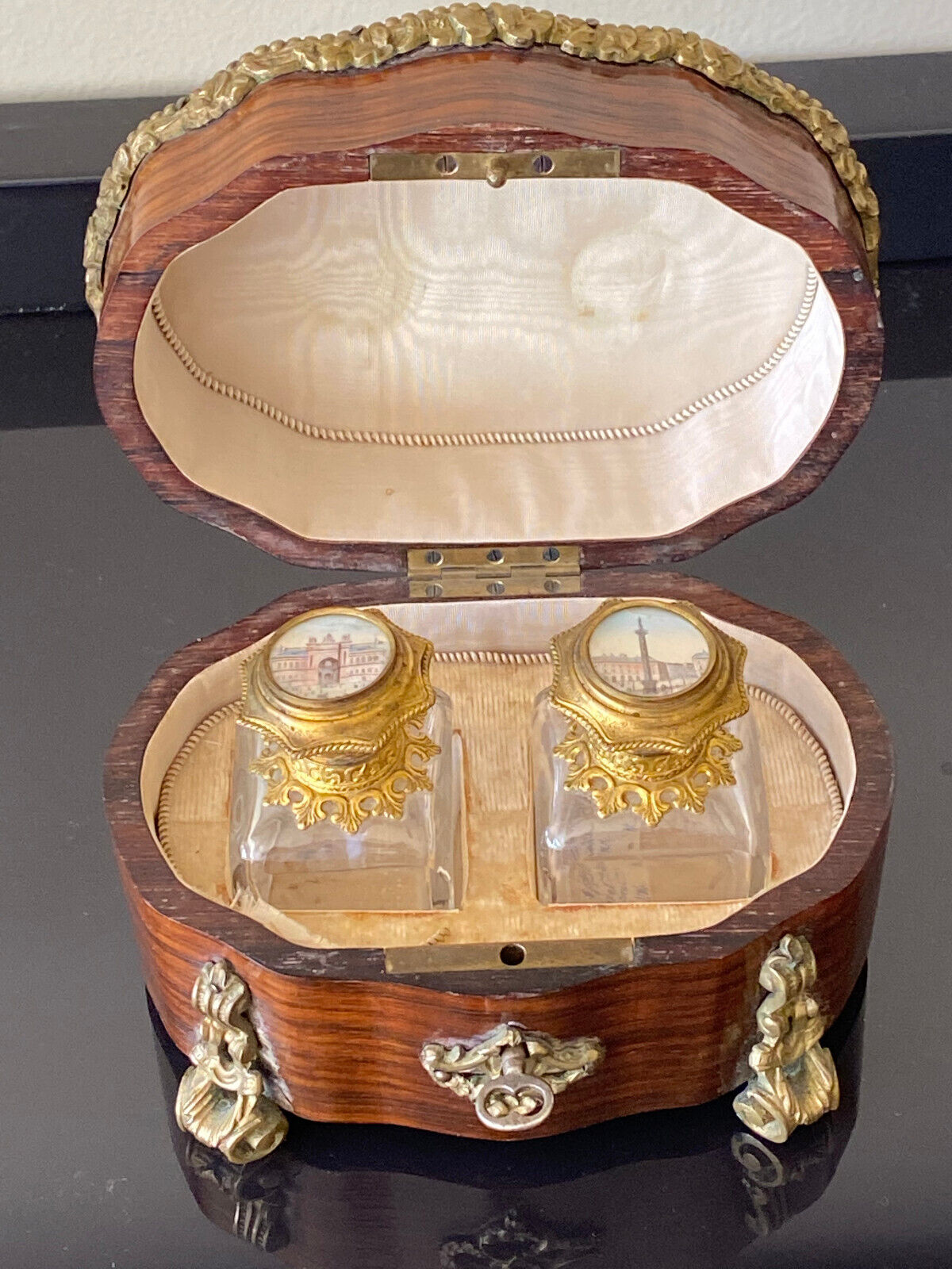 Antique French Napolean III Perfume Scent Casket Eglomise Bottles Grand Tour