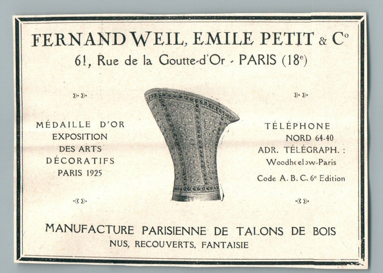 FERNAND WEIL EMILE PETIT WOOD HEELS PARIS 1920 SHOES ANTIQUE ADVERTISING