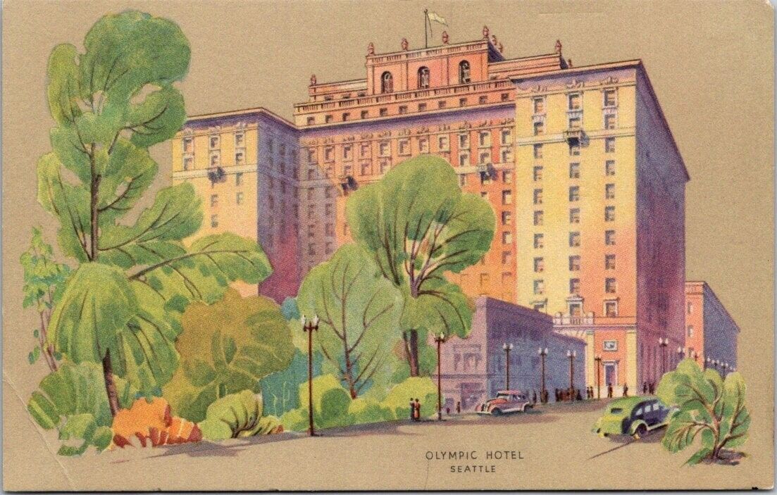 Seattle WA Olympic Hotel Artist Rendering Soft Colors c1940s Autos postcard JP10