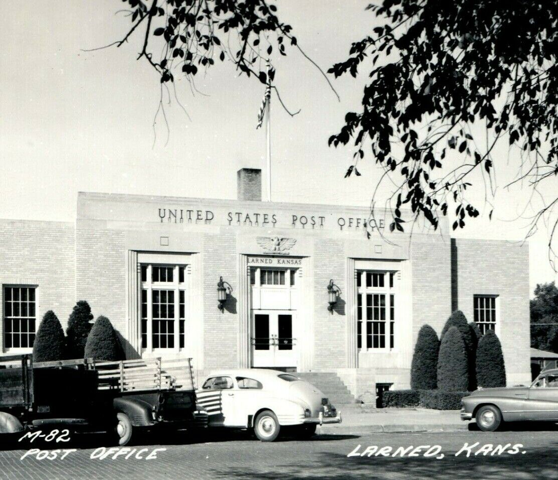 c1950s Larned, KS Post Office RPPC Real Photo Street View Chevy Cars Vtg A196