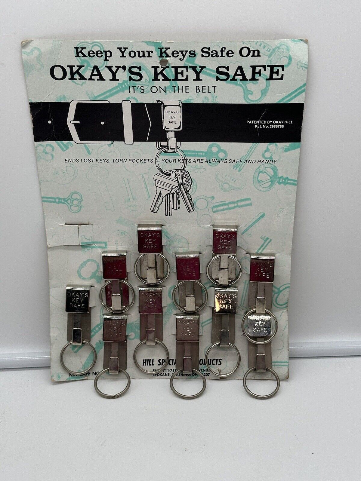 Vintage OKAY’S KEY SAFE Belt Split Ring Keychain Holder 11 On Card Display