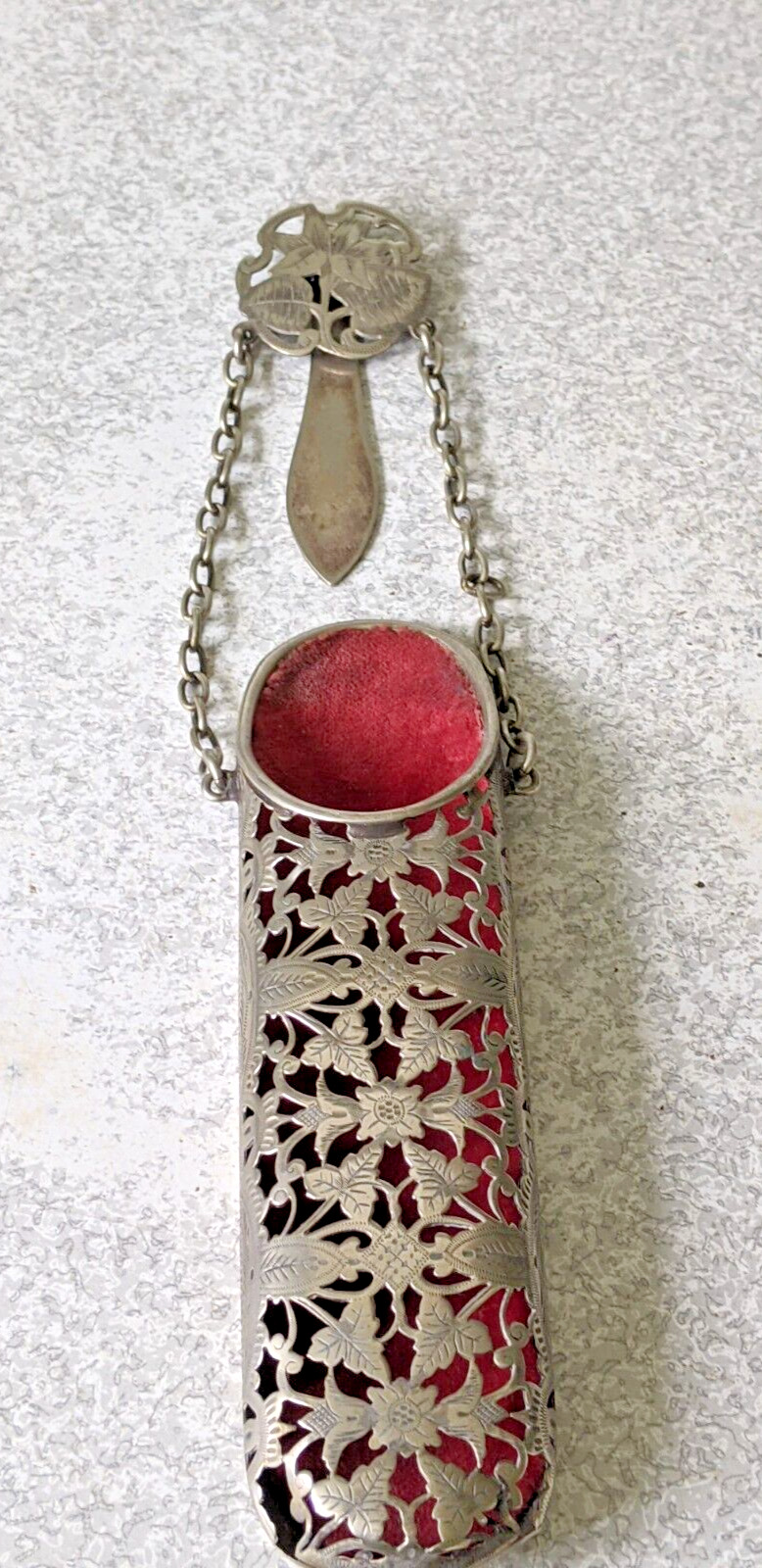 ANTIQUE / VINTAGE SILVER PLATED SPECTACLE CASE ON CHATELAINE -6 INCH CASE