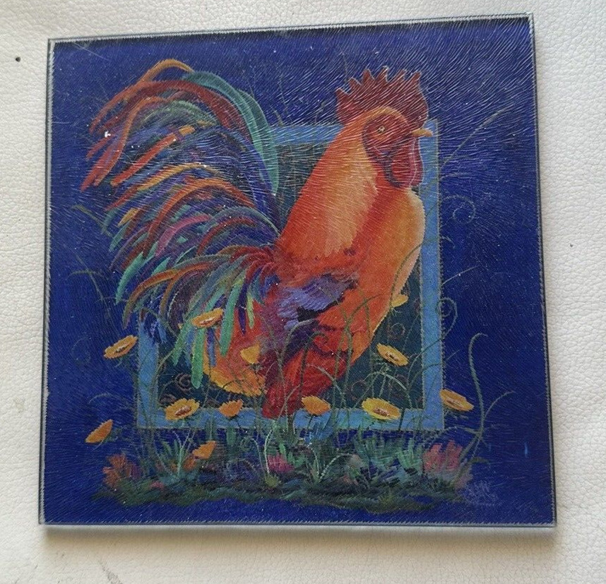 Incredible hand painted rooster art glass tile by Susan Libby