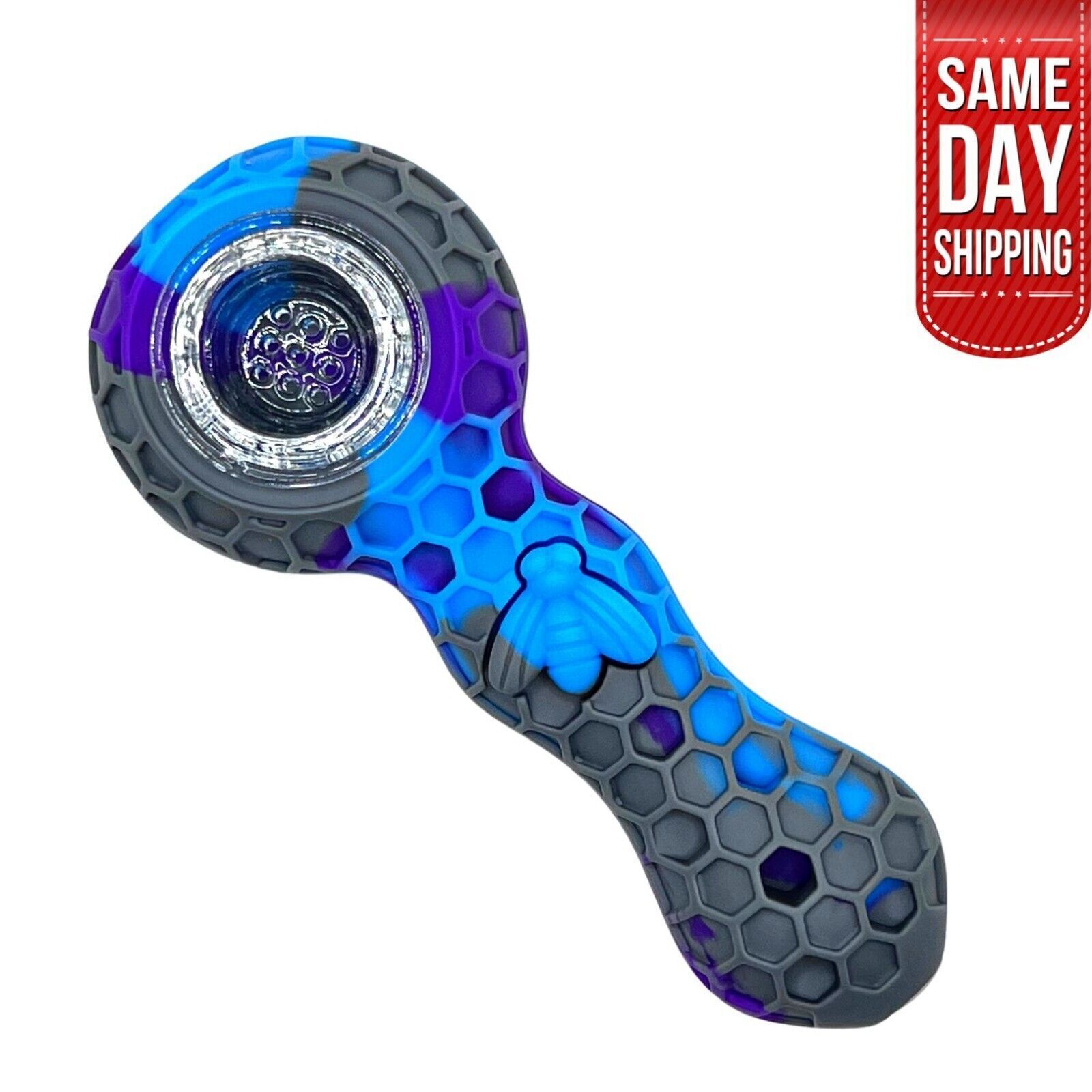 Unbreakable Silicone Honeycomb Tobacco Smoking Pipe With Glass Bowl Purple/Blue