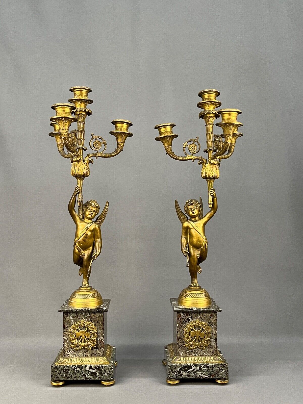 Pair Antique French Empire Style Four-Light Gilt Bronze & Marble Candelabras