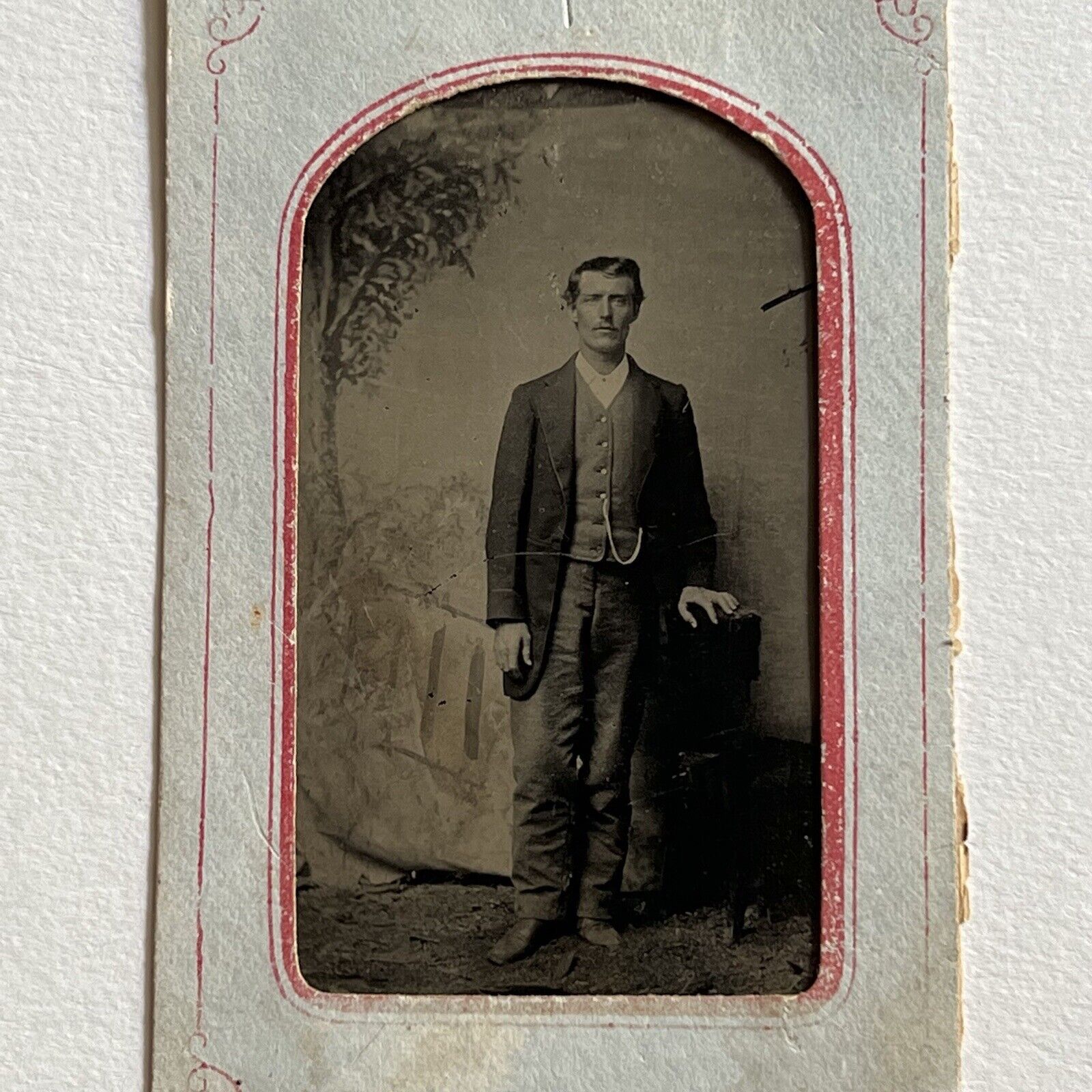 Antique Tintype Photograph Handsome Charming Man Dirt Boots Tree Backdrop
