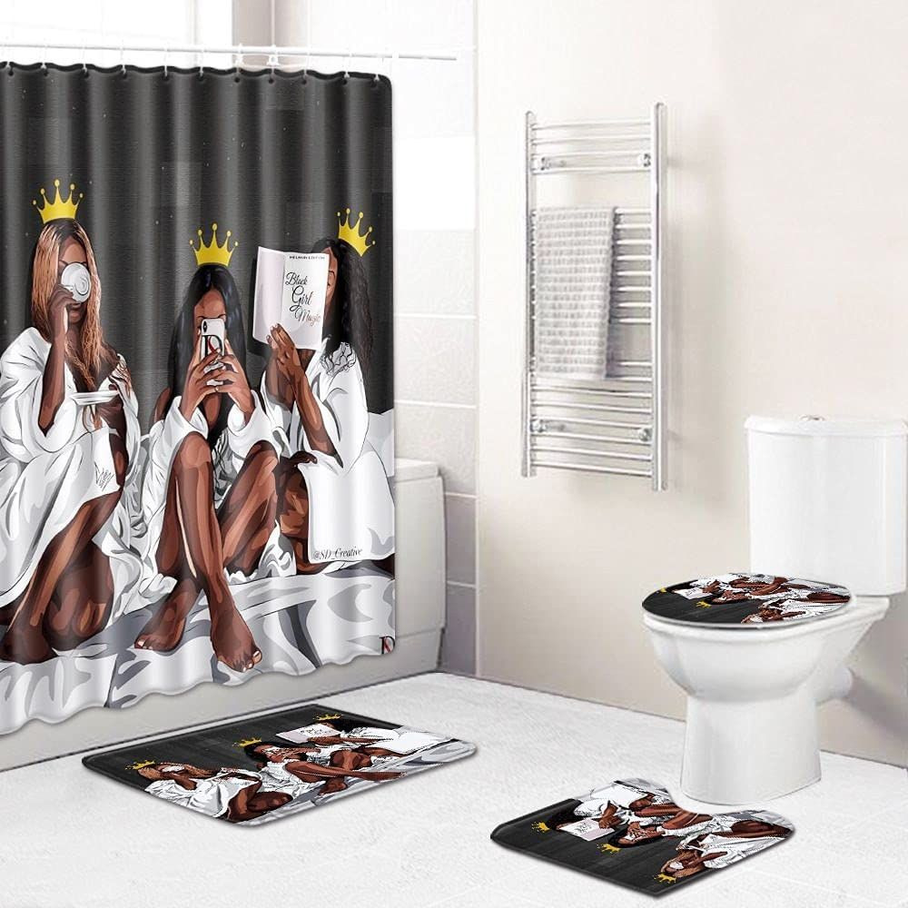 DDS-DUDES 4Pcs African American Black Women Waterproof Shower Curtain Queen 