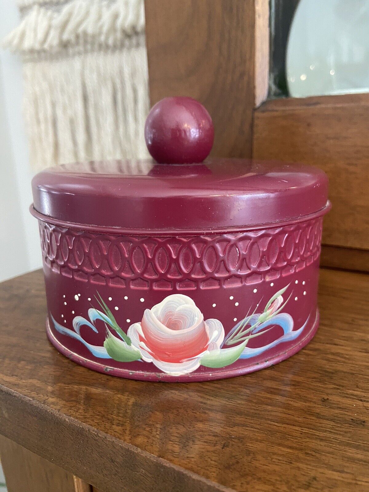 Vintage Talc Powder Tin With Wooden Knob Plum/Red Color With Flowers