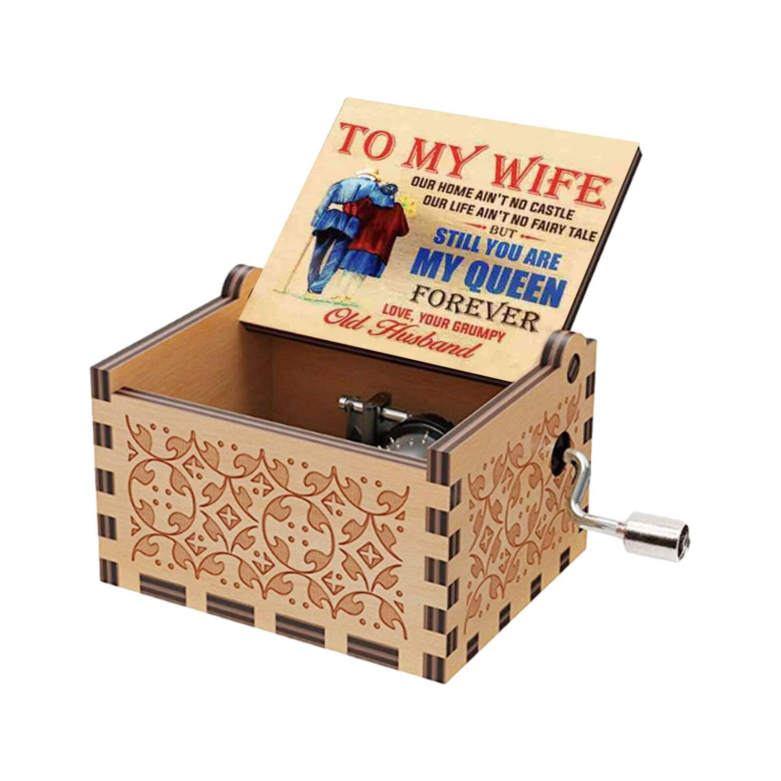 Retro Wooden Music Box To My Wife Hand Crank Engraved Music Box Gift