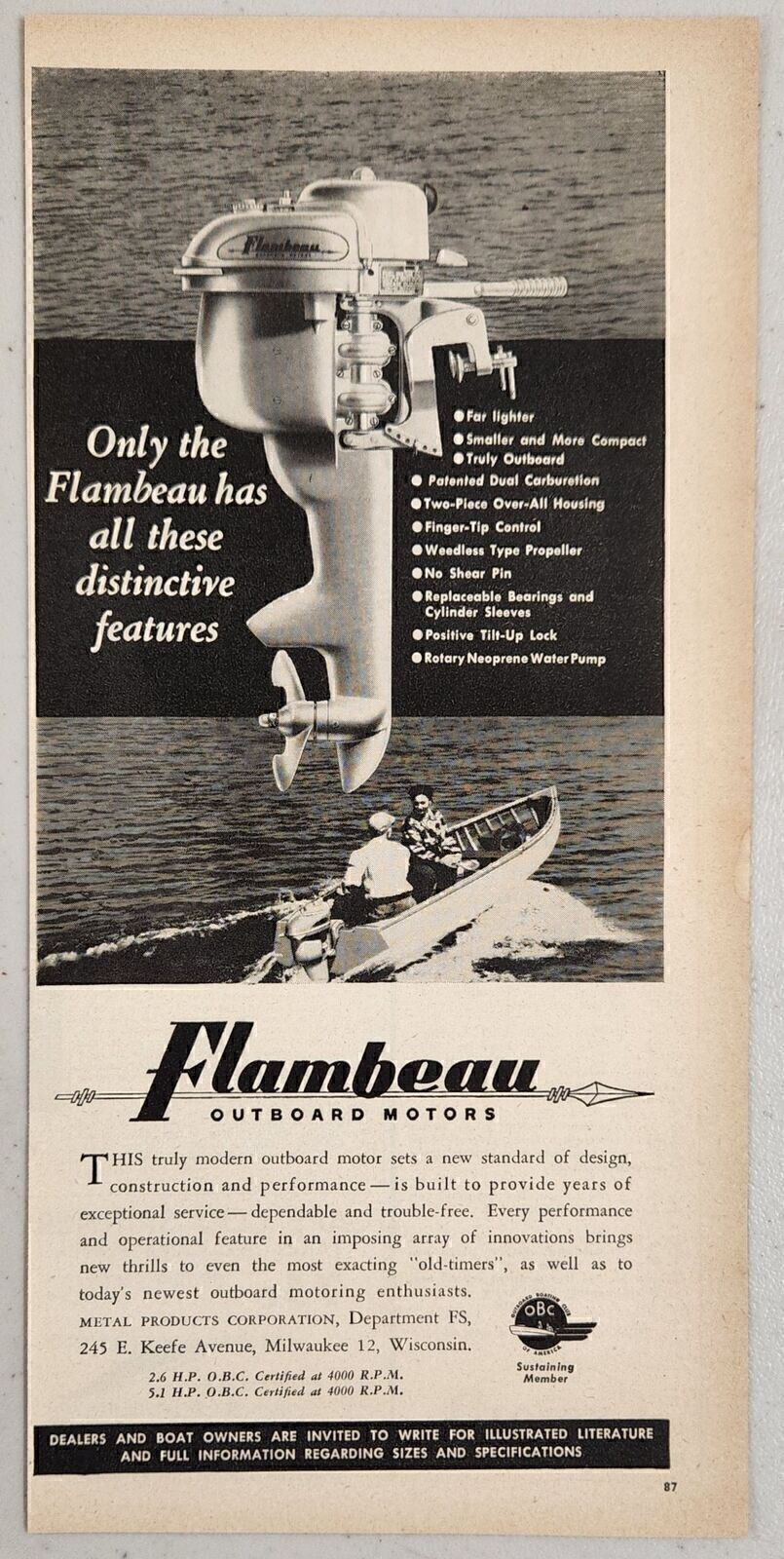 1947 Print Ad Flambeau Lightweight Outboard Motors Metal Products Milwaukee,WI