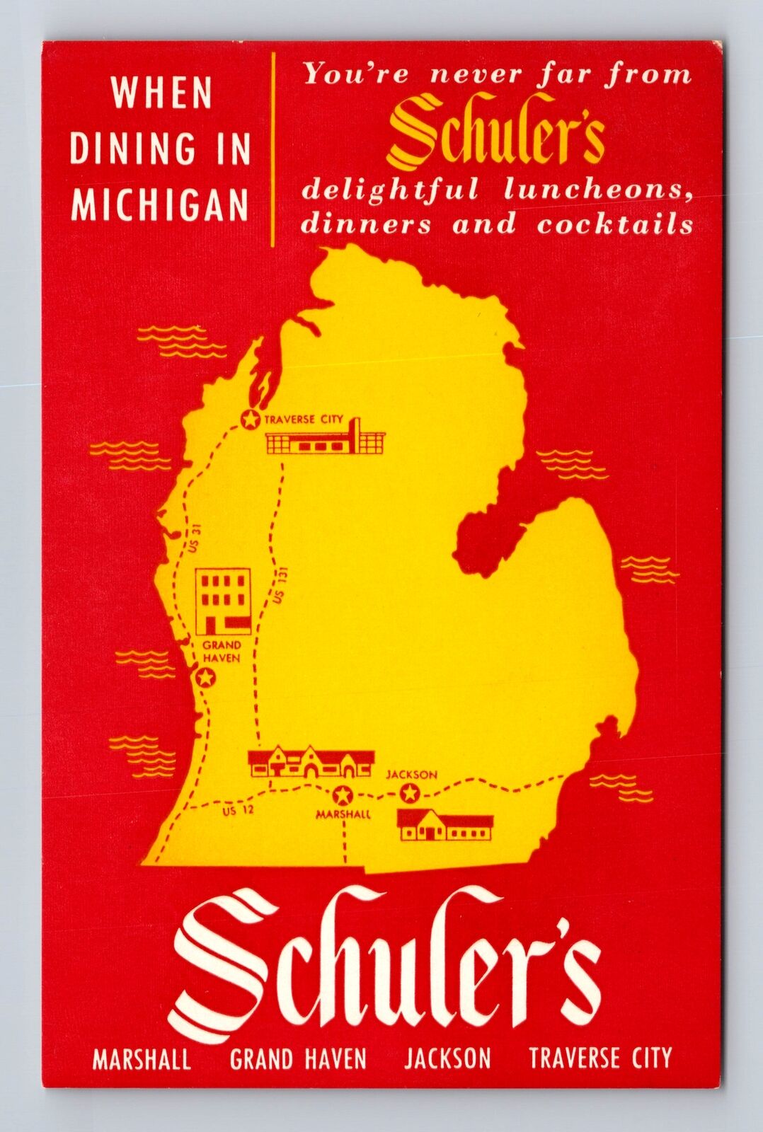 MI-Michigan, General Map Greeting, Schuler\'s Restaurant Vintage Postcard