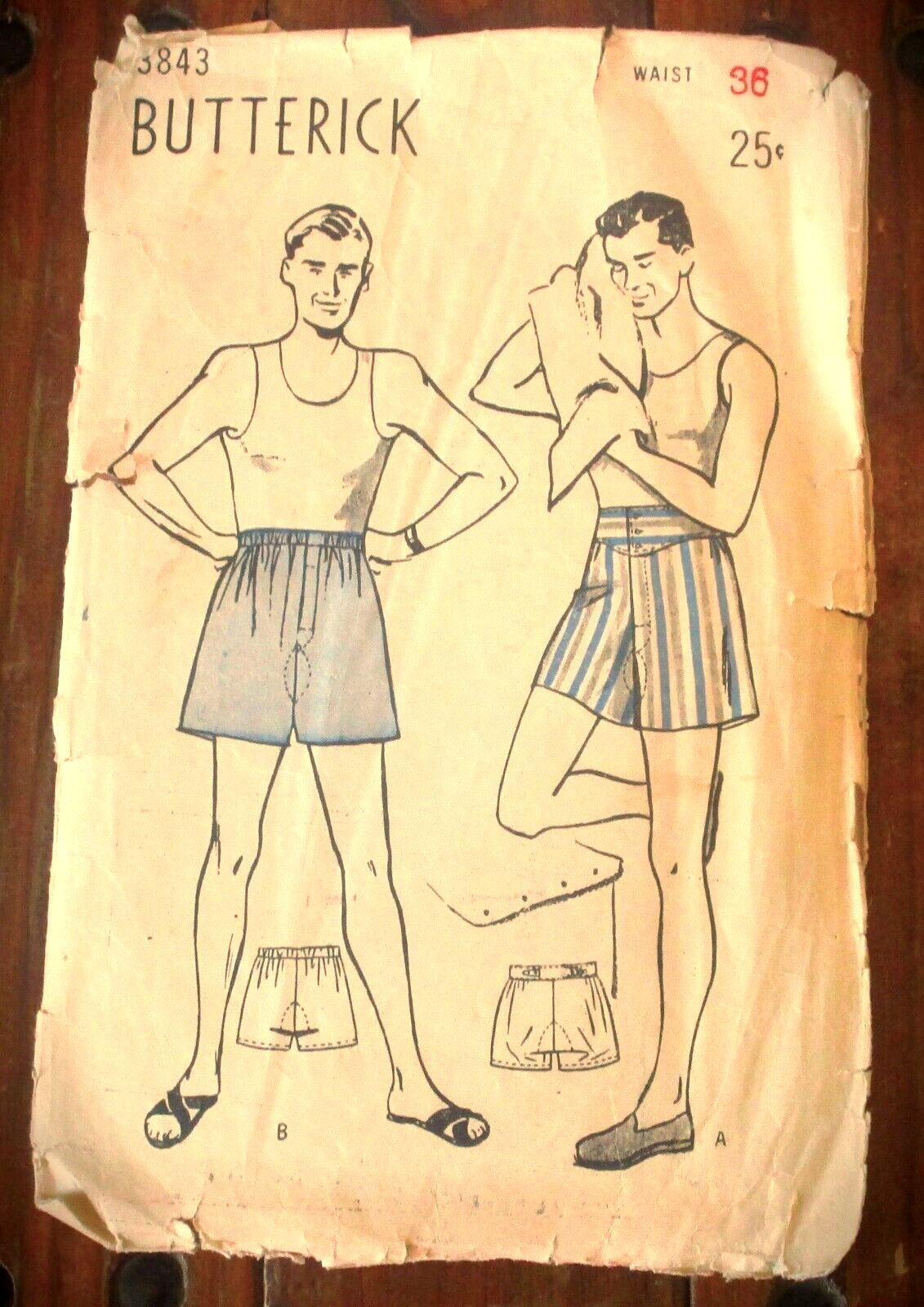 1940s BUTTERiCK Sewing Pattern Men’s Boxer Shorts In Two Styles Size Waist 36