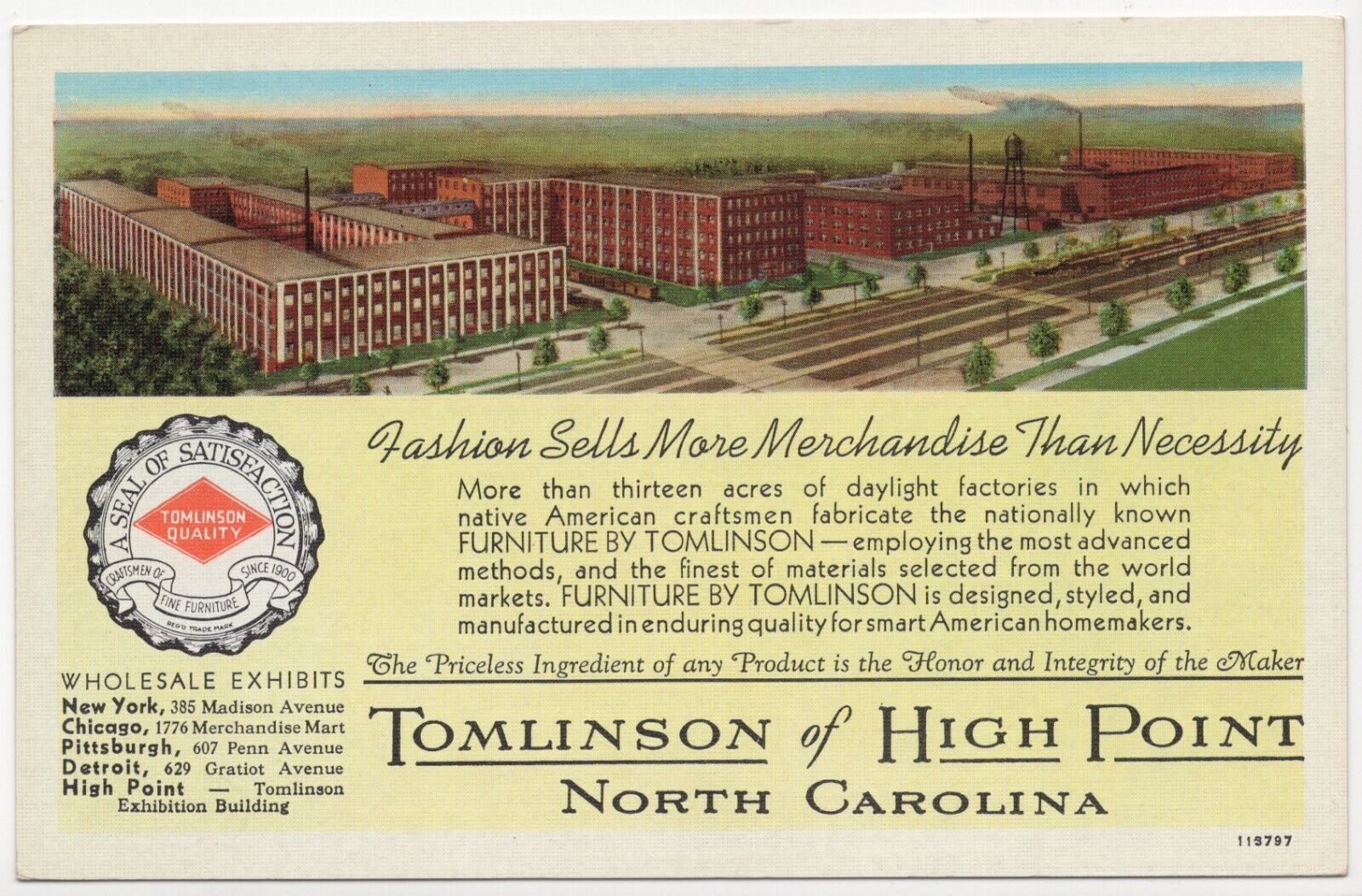 High Point North Carolina Tomlinson Curt Teich Sample Ad Postcard