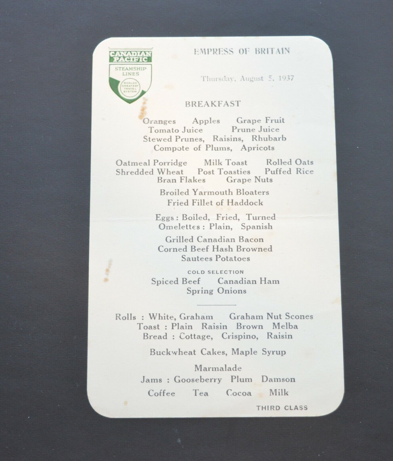 R.M.S. EMPRESS OF BRITAIN Breakfast Menu Card (August 5th, 1937)