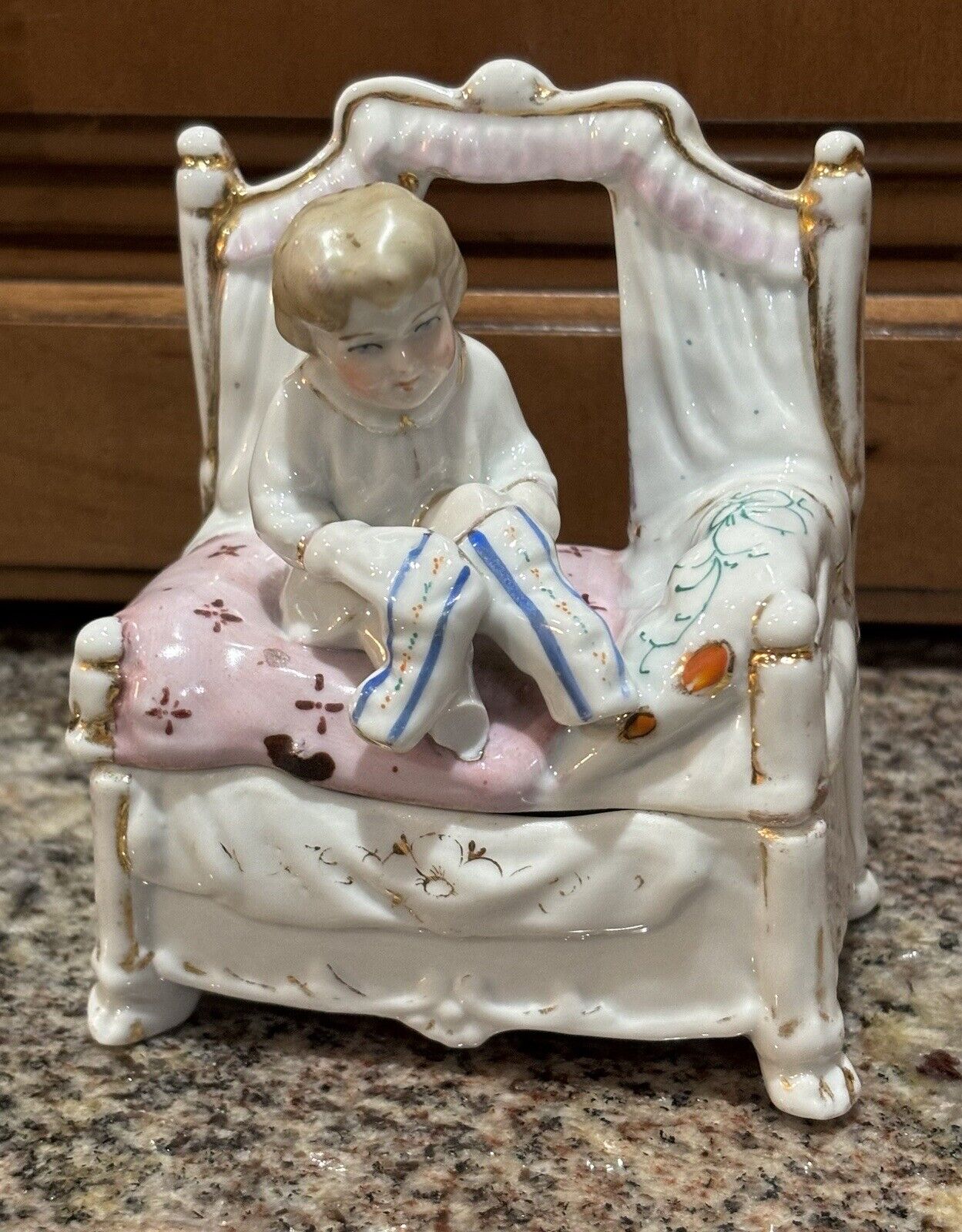 antique porcelain trinket box Conta & Boehme Boy In Bed AS IS BROKEN FOOT