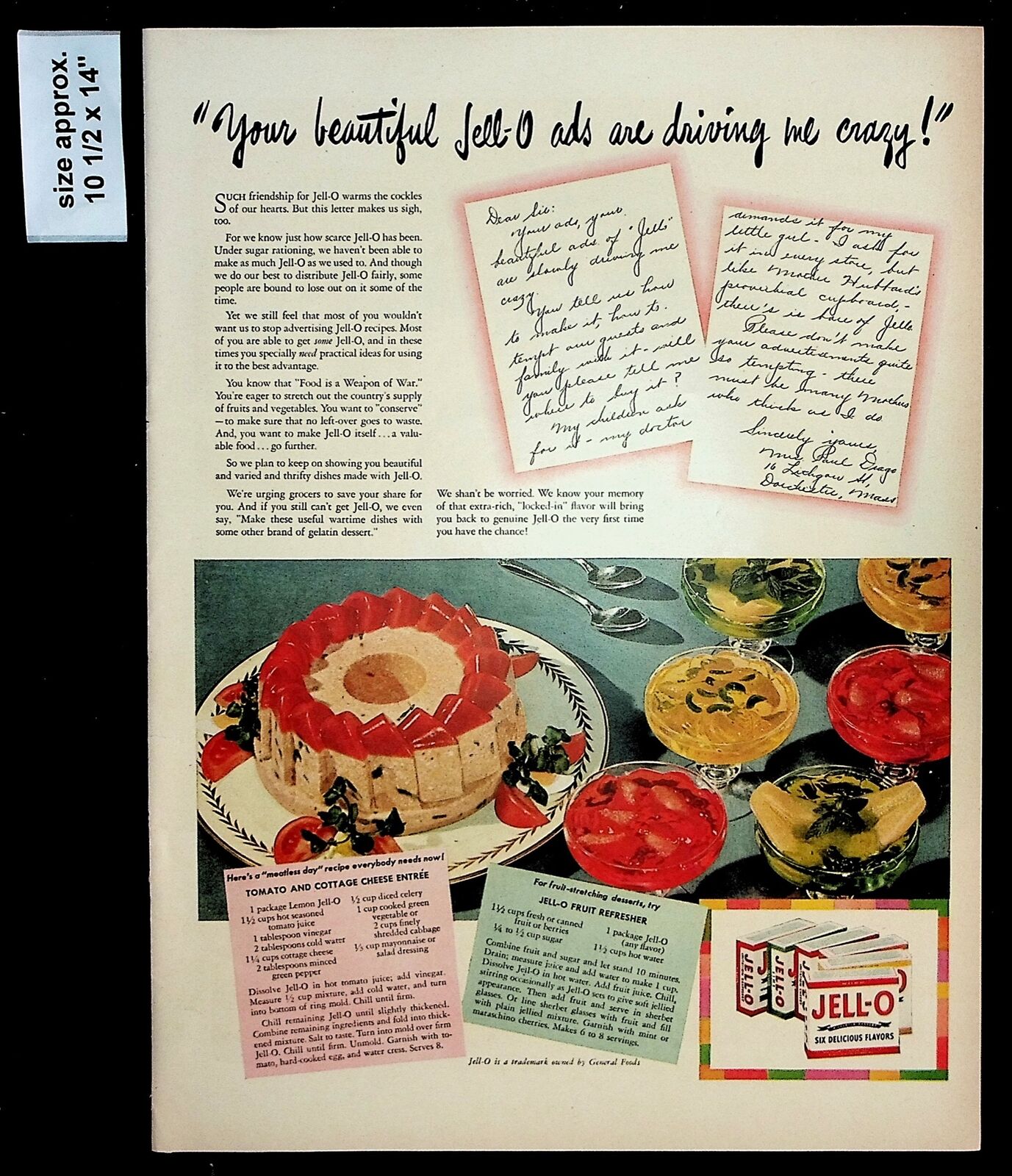 1944 Jell-O Gelatin Dessert Six Flavors Fruit Refresher Vintage Print Ad 38766