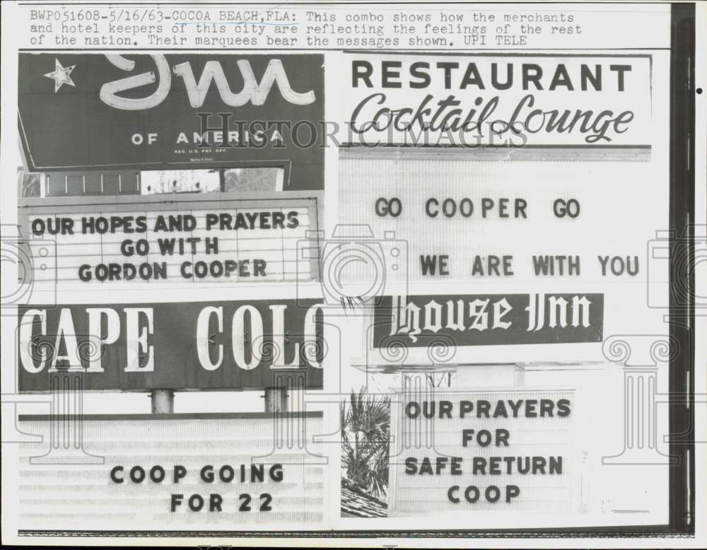 1963 Press Photo Cocoa Beach Marquees with Messages for Astronaut Gordon Cooper