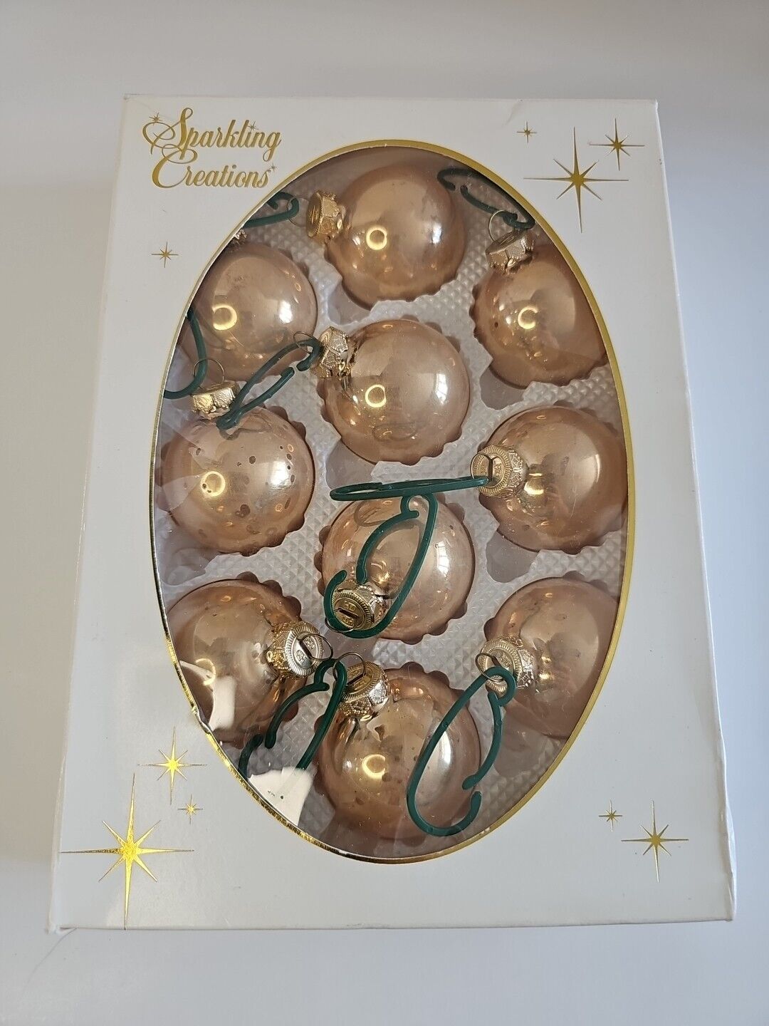 VTG Sparkling Creations Gold Glass Small Ornaments Set of 10 Boxed